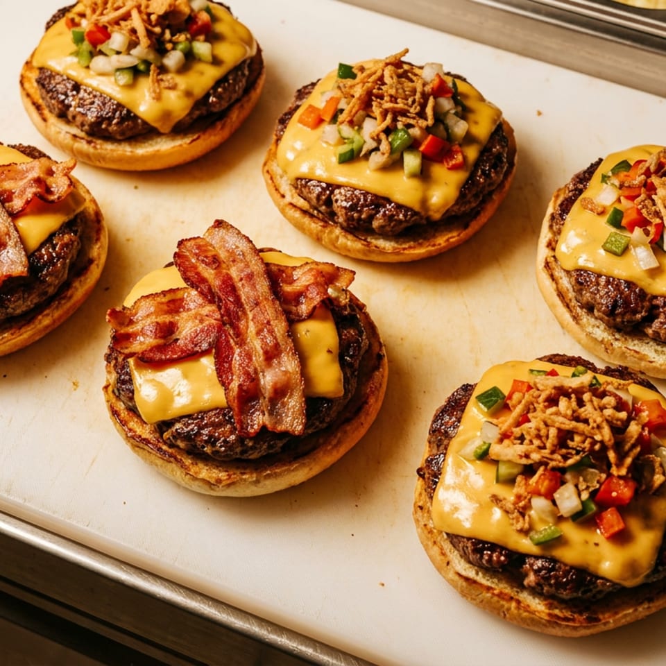 Six cheeseburgers on a white cutting board, three with bacon and three with diced vegetables.