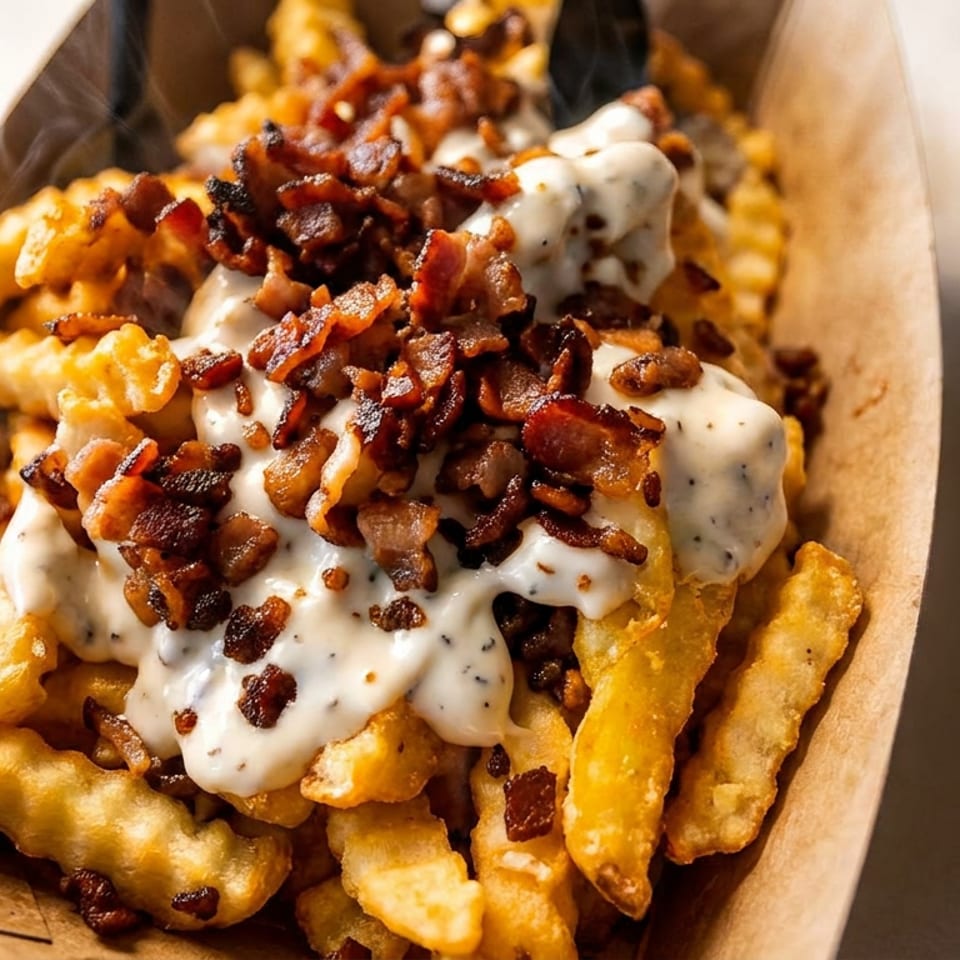Crinkle-cut fries topped with creamy white sauce and crispy bacon bits in a brown paper tray.
