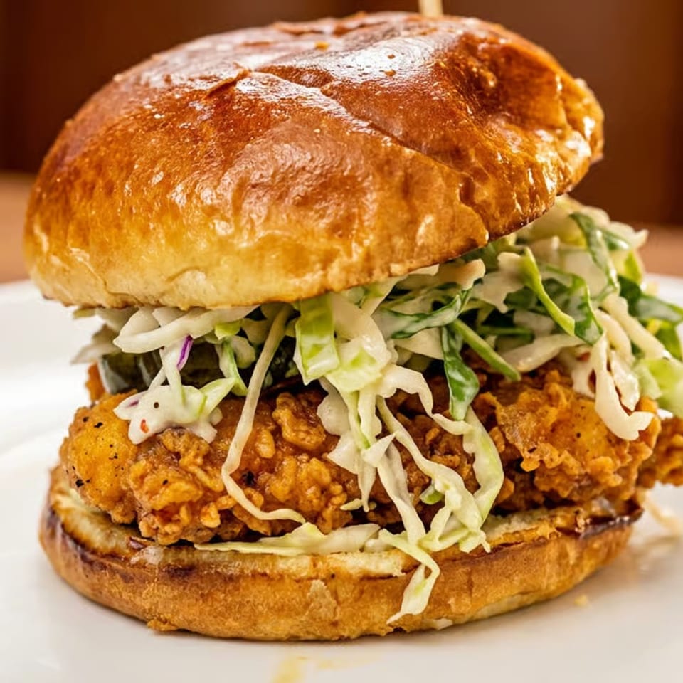 Crispy fried chicken sandwich with creamy coleslaw and pickles on a toasted brioche bun.