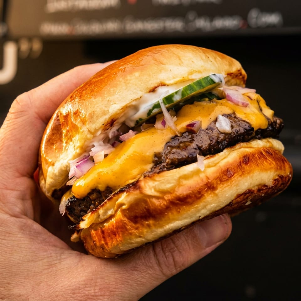 Hand holding a cheeseburger with melted cheese, red onions, and cucumber on a brioche bun.