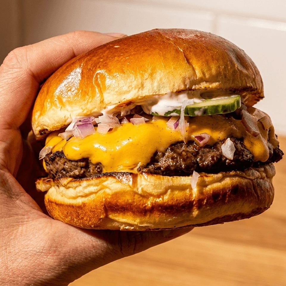Hand holding a cheeseburger with melted cheese, red onions, pickles, and sauce on a brioche bun.