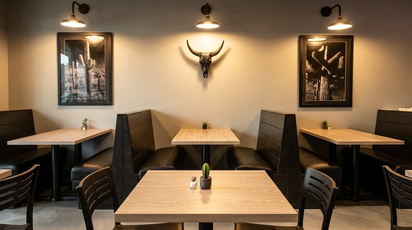 Restaurant interior with light wood tables, dark booths, desert art, and a bull skull on the wall.