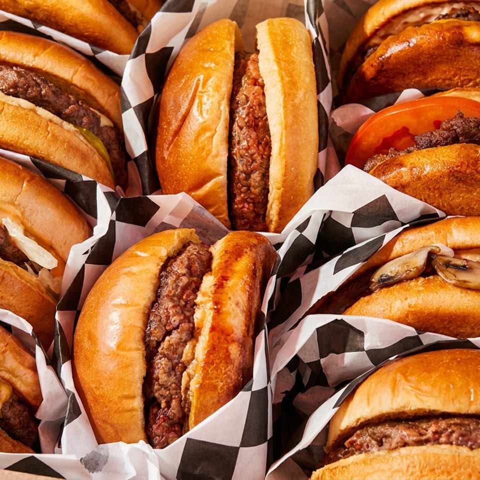A box filled with many small sliders, some with cheese, tomato, or mushrooms, wrapped in checkered paper.