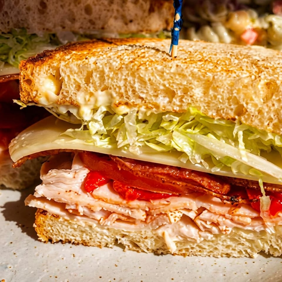 Close-up of a turkey and bacon sandwich with lettuce, cheese, and roasted red peppers.