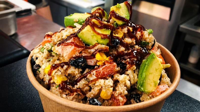 A colorful quinoa bowl topped with avocado, corn, blueberries, and a dark sauce.