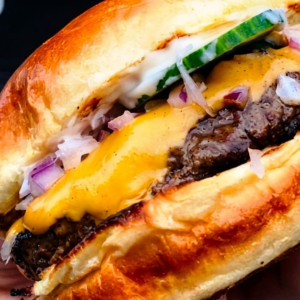 Close-up of a hand holding a cheeseburger with melted cheese, red onions, and cucumber.