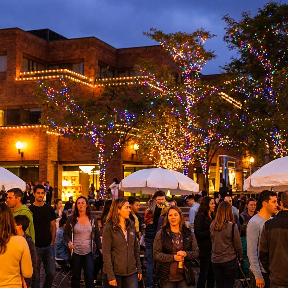 Crowd of people gathered outdoors at night, with trees and buildings lit by colorful string lights.