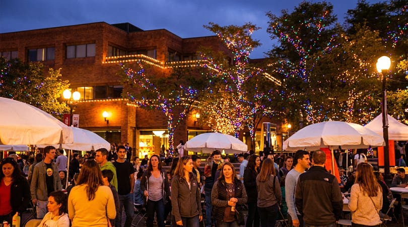 Crowd of people gathered outdoors at night, with trees and buildings lit by colorful string lights.