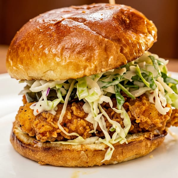 Crispy fried chicken sandwich with coleslaw and pickles on a brioche bun, served on a white plate.